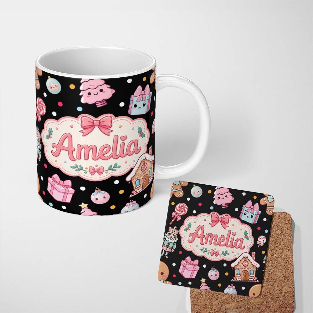 Personalized Custom Name Cute Gingerbread Girl Candy House Lollipop Kawaii Christmas 11oz Ceramic Coffee Tea Mug White Large Handle
