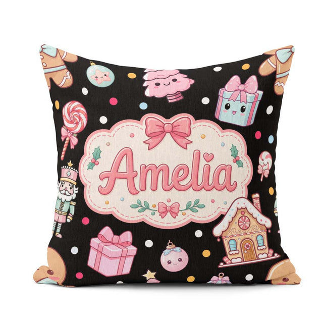Custom Name Cute Gingerbread Girl Candy House Lollipop Christmas Square Filled Cushion Throw Pillow Sofa Bed Home Decor Zip Washable UK Made