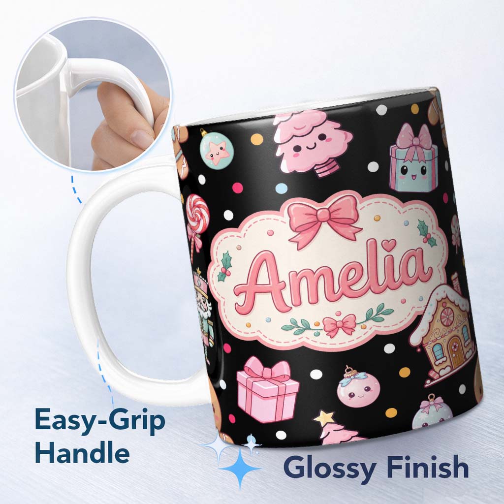 Personalized Custom Name Cute Gingerbread Girl Candy House Lollipop Kawaii Christmas 11oz Ceramic Coffee Tea Mug White Large Handle