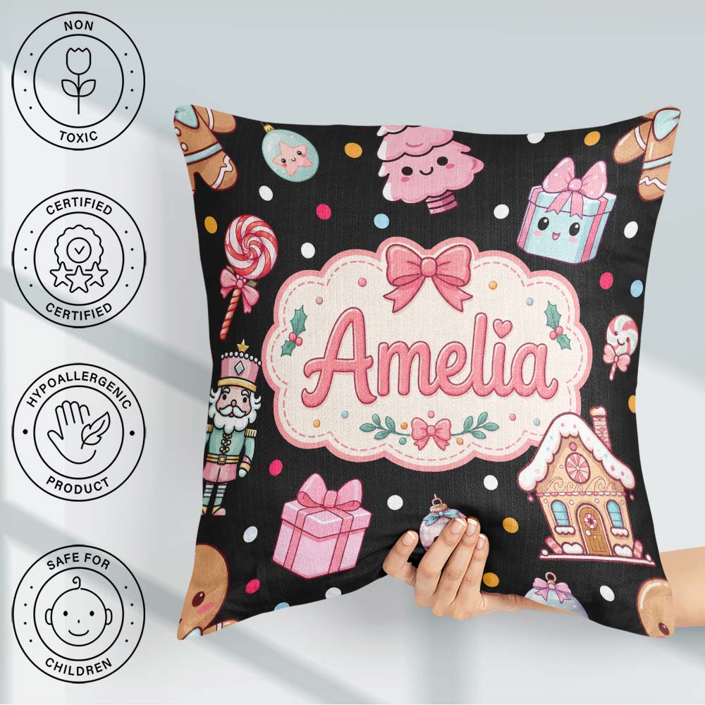 Custom Name Cute Gingerbread Girl Candy House Lollipop Christmas Square Filled Cushion Throw Pillow Sofa Bed Home Decor Zip Washable UK Made