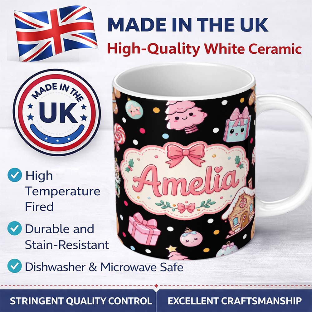 Personalized Custom Name Cute Gingerbread Girl Candy House Lollipop Kawaii Christmas 11oz Ceramic Coffee Tea Mug White Large Handle