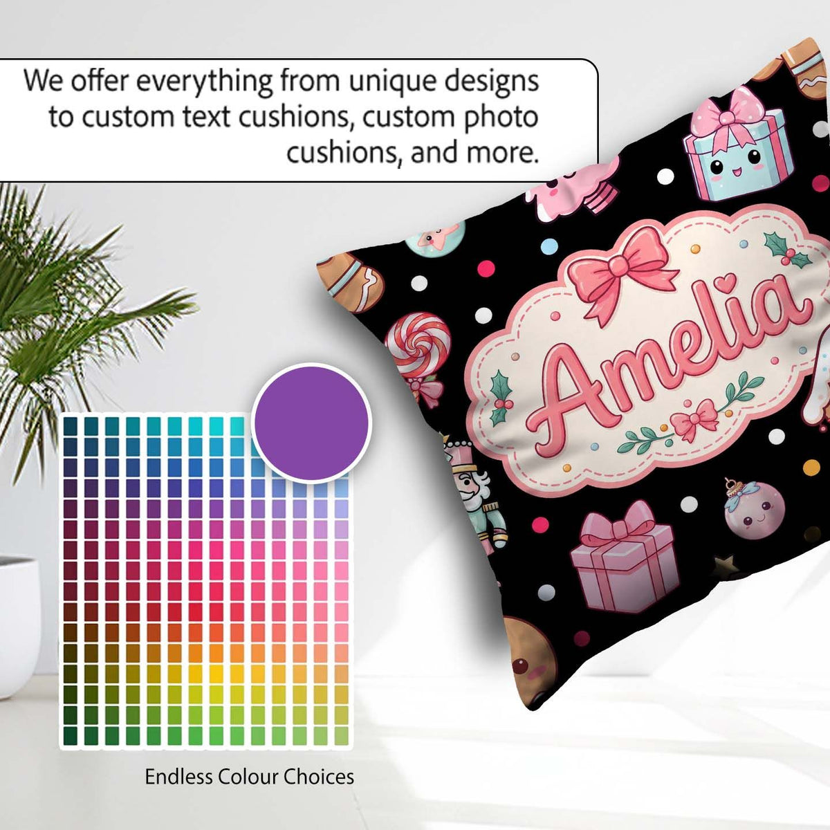 Custom Name Cute Gingerbread Girl Candy House Lollipop Christmas Square Filled Cushion Throw Pillow Sofa Bed Home Decor Zip Washable UK Made