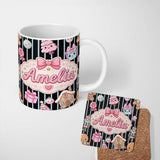 Personalized Custom Name Cute Gingerbread Girl Candy House Blue Stripe Background Seamless 11oz Ceramic Coffee Tea Mug White Large Handle