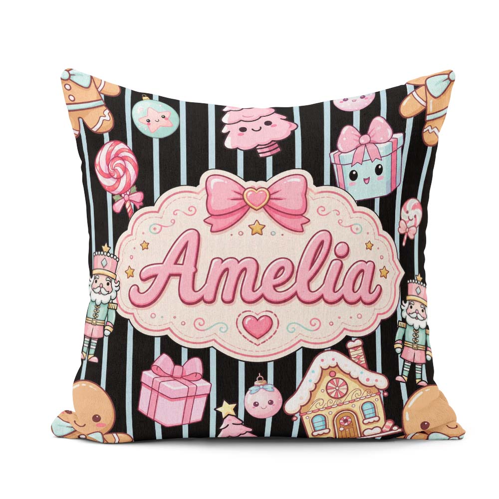 Custom Name Gingerbread Girl Candy House Blue Stripe Background Square Filled Cushion Throw Pillow Sofa Bed Home Decor Zip Washable UK Made