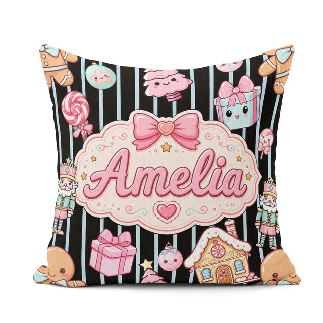Custom Name Gingerbread Girl Candy House Blue Stripe Background Square Filled Cushion Throw Pillow Sofa Bed Home Decor Zip Washable UK Made