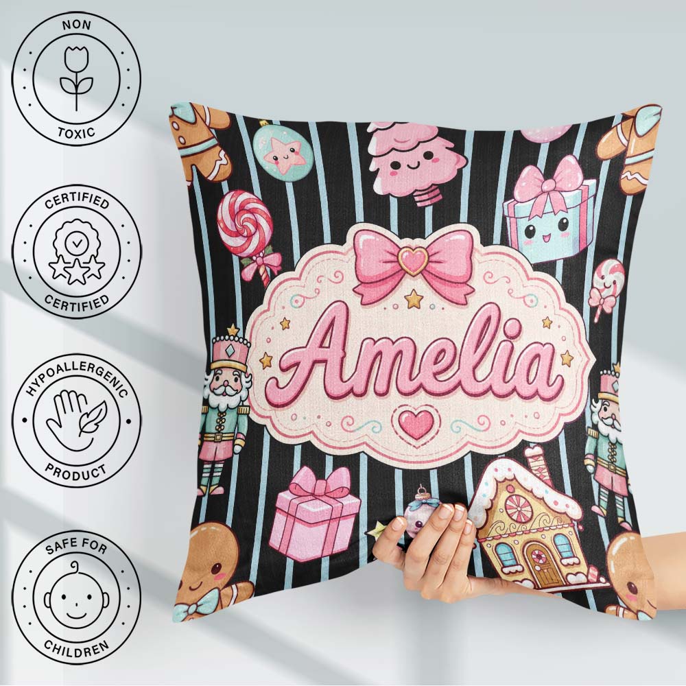 Custom Name Gingerbread Girl Candy House Blue Stripe Background Square Filled Cushion Throw Pillow Sofa Bed Home Decor Zip Washable UK Made