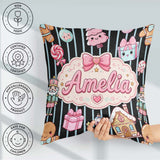 Custom Name Gingerbread Girl Candy House Blue Stripe Background Square Filled Cushion Throw Pillow Sofa Bed Home Decor Zip Washable UK Made