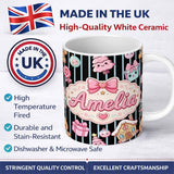 Personalized Custom Name Cute Gingerbread Girl Candy House Blue Stripe Background Seamless 11oz Ceramic Coffee Tea Mug White Large Handle