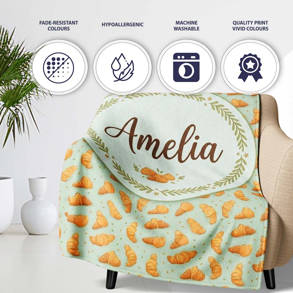 Seamless Croissant Pastry Mint Green Background Bakery Food Lovely  Personalised Custom Name Super Soft Fleece Blanket Bed Sofa Throw