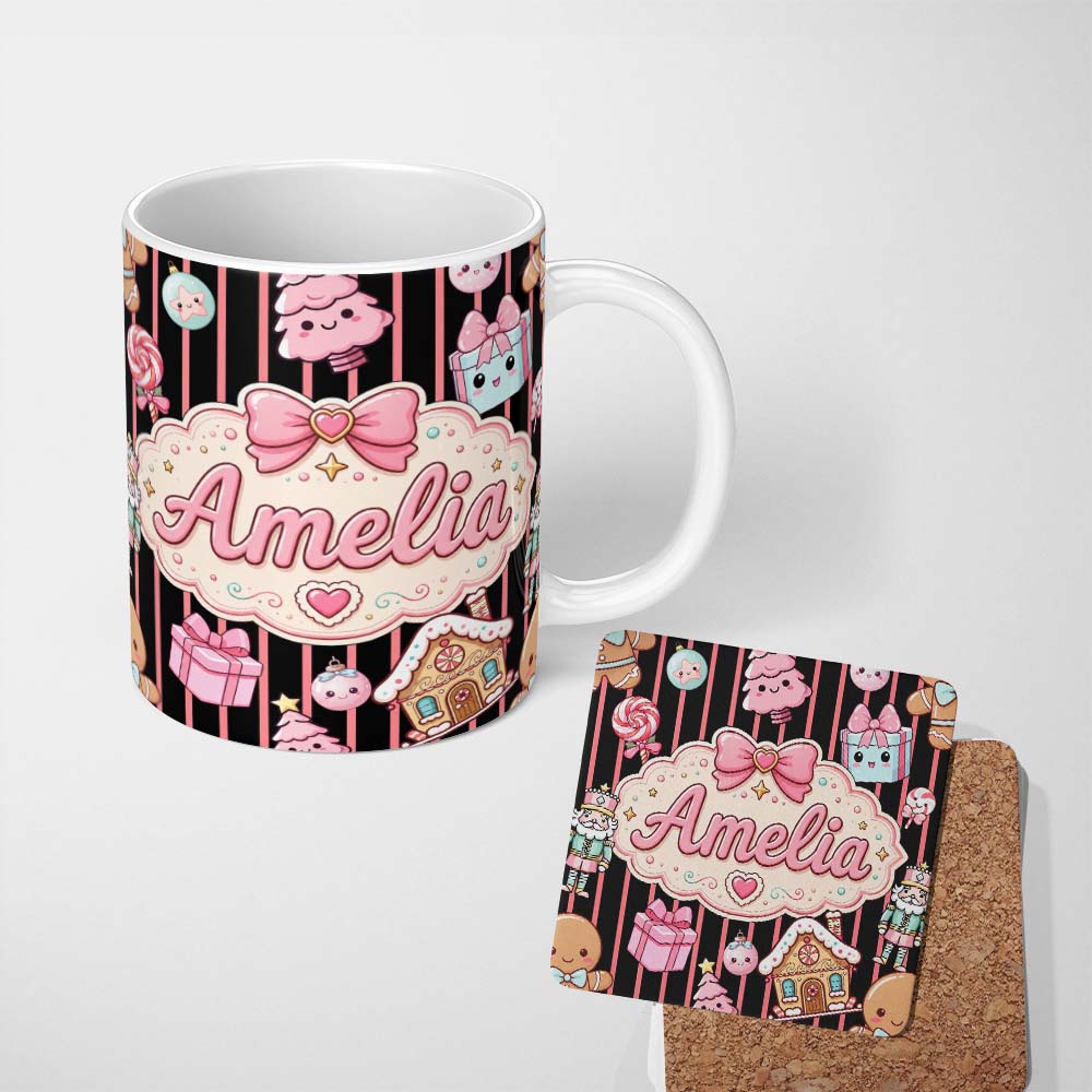Personalized Custom Name Cute Gingerbread Girl Candy House Pink Stripe Background Seamless 11oz Ceramic Coffee Tea Mug White Large Handle