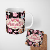Personalized Custom Name Cute Gingerbread Girl Candy House Pink Stripe Background Seamless 11oz Ceramic Coffee Tea Mug White Large Handle