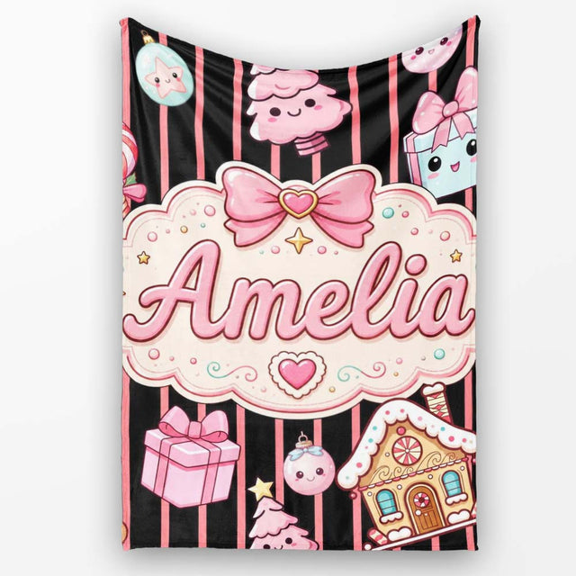 Cute Gingerbread Girl Candy House Pink Stripe Background Seamless  Personalised Custom Name Super Soft Fleece Blanket Bed Sofa Throw