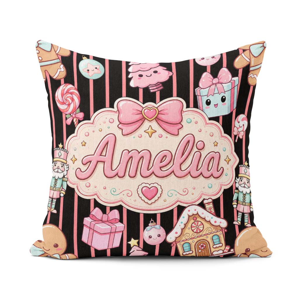 Custom Name Gingerbread Girl Candy House Pink Stripe Background Square Filled Cushion Throw Pillow Sofa Bed Home Decor Zip Washable UK Made