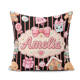 Custom Name Gingerbread Girl Candy House Pink Stripe Background Square Filled Cushion Throw Pillow Sofa Bed Home Decor Zip Washable UK Made