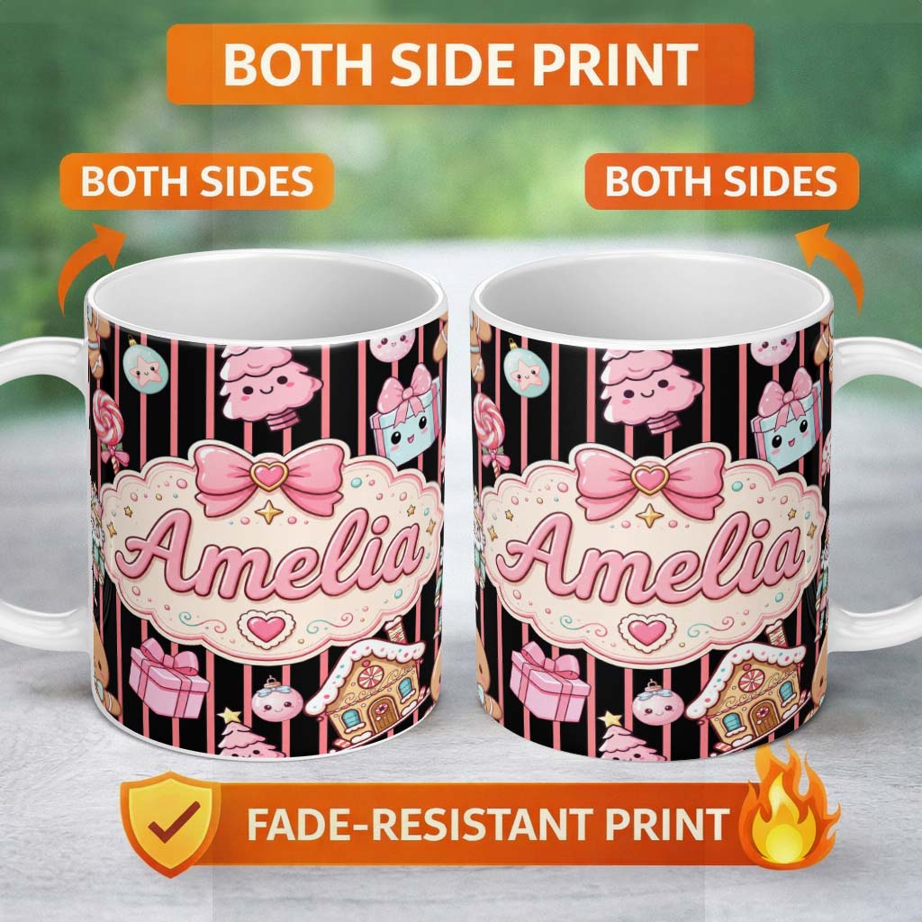 Personalized Custom Name Cute Gingerbread Girl Candy House Pink Stripe Background Seamless 11oz Ceramic Coffee Tea Mug White Large Handle