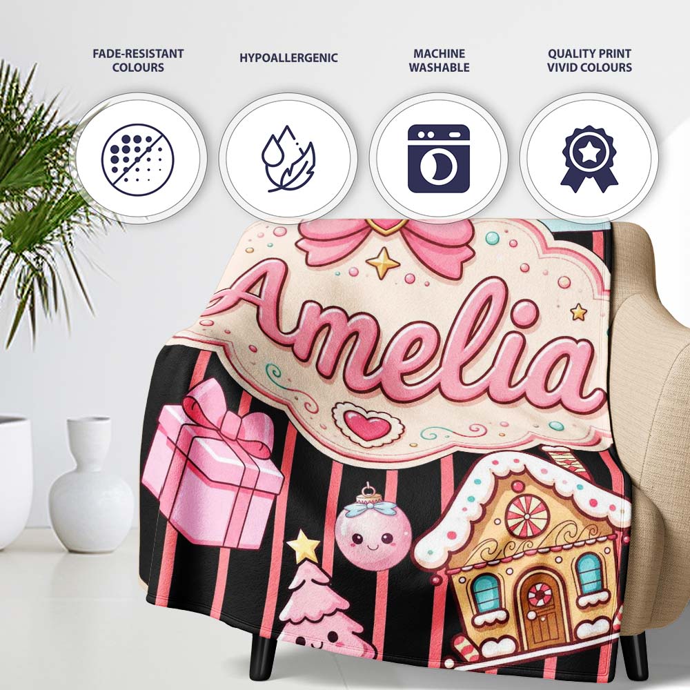 Cute Gingerbread Girl Candy House Pink Stripe Background Seamless  Personalised Custom Name Super Soft Fleece Blanket Bed Sofa Throw