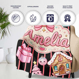 Cute Gingerbread Girl Candy House Pink Stripe Background Seamless  Personalised Custom Name Super Soft Fleece Blanket Bed Sofa Throw