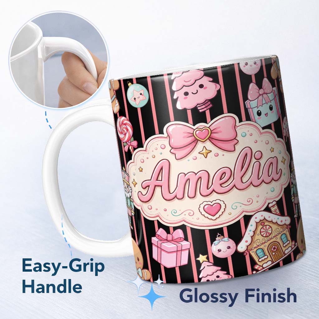 Personalized Custom Name Cute Gingerbread Girl Candy House Pink Stripe Background Seamless 11oz Ceramic Coffee Tea Mug White Large Handle