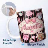 Personalized Custom Name Cute Gingerbread Girl Candy House Pink Stripe Background Seamless 11oz Ceramic Coffee Tea Mug White Large Handle