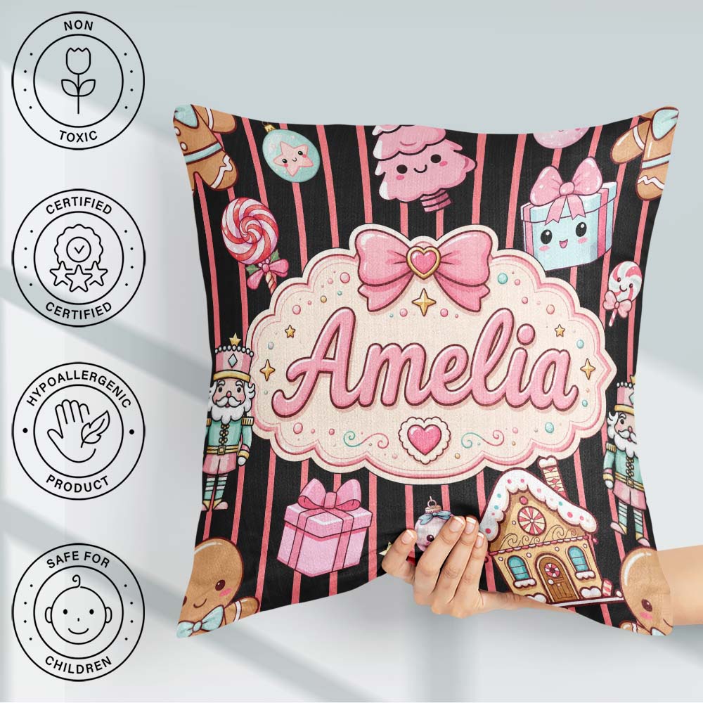 Custom Name Gingerbread Girl Candy House Pink Stripe Background Square Filled Cushion Throw Pillow Sofa Bed Home Decor Zip Washable UK Made