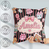 Custom Name Gingerbread Girl Candy House Pink Stripe Background Square Filled Cushion Throw Pillow Sofa Bed Home Decor Zip Washable UK Made