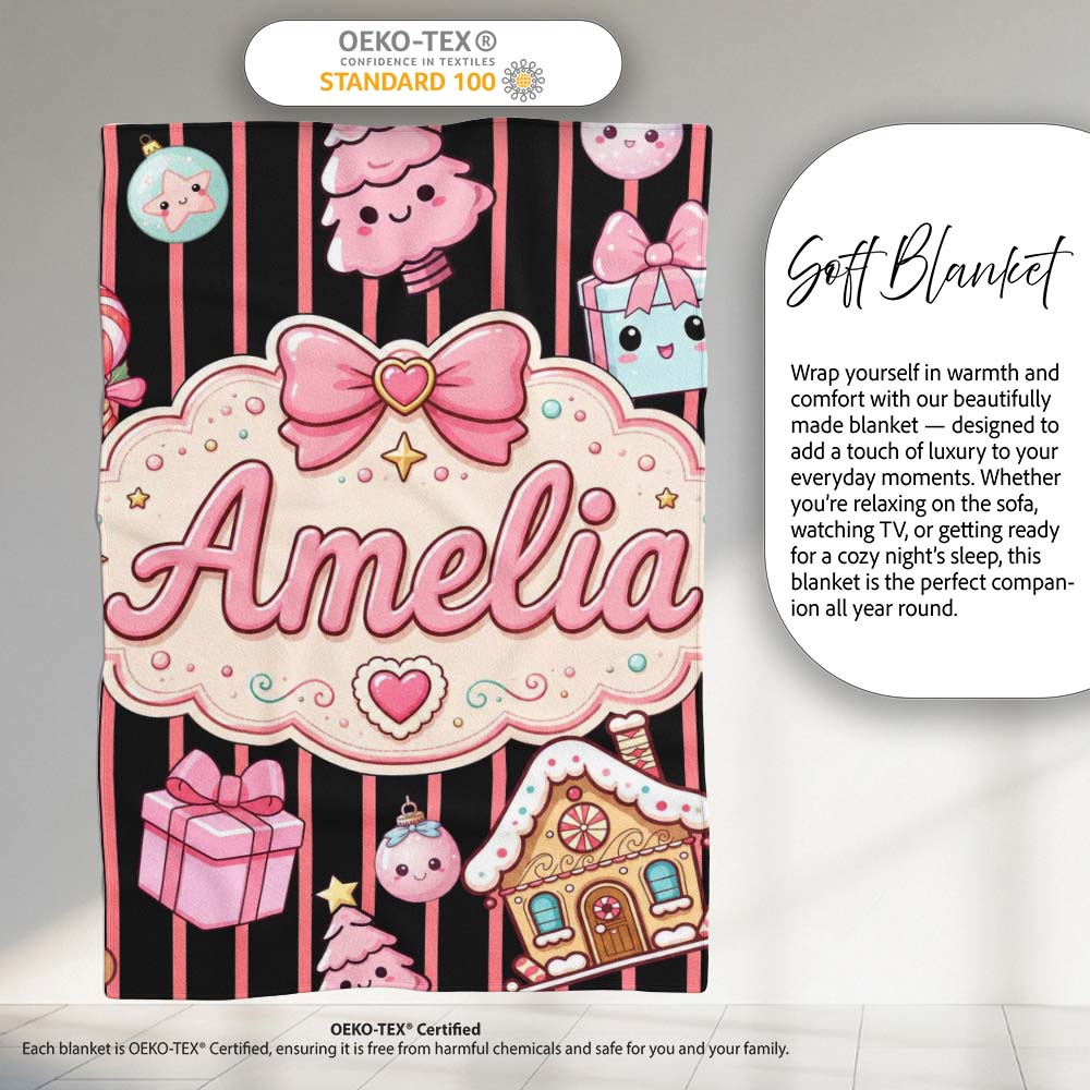 Cute Gingerbread Girl Candy House Pink Stripe Background Seamless  Personalised Custom Name Super Soft Fleece Blanket Bed Sofa Throw