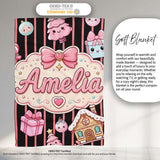 Cute Gingerbread Girl Candy House Pink Stripe Background Seamless  Personalised Custom Name Super Soft Fleece Blanket Bed Sofa Throw
