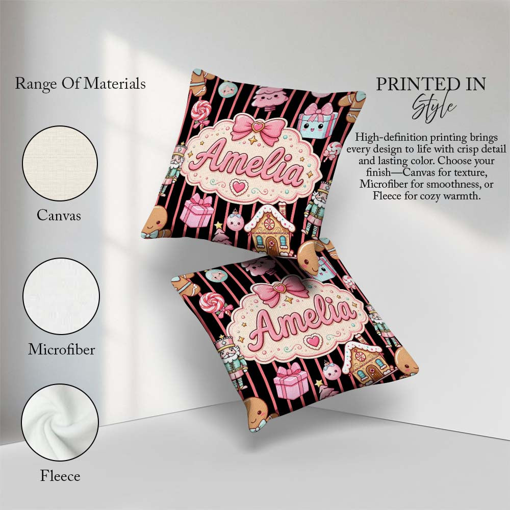 Custom Name Gingerbread Girl Candy House Pink Stripe Background Square Filled Cushion Throw Pillow Sofa Bed Home Decor Zip Washable UK Made
