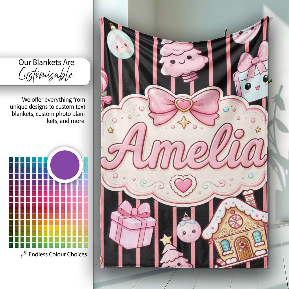 Cute Gingerbread Girl Candy House Pink Stripe Background Seamless  Personalised Custom Name Super Soft Fleece Blanket Bed Sofa Throw
