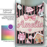 Cute Gingerbread Girl Candy House Pink Stripe Background Seamless  Personalised Custom Name Super Soft Fleece Blanket Bed Sofa Throw