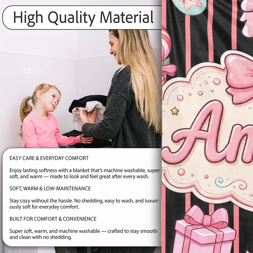 Cute Gingerbread Girl Candy House Pink Stripe Background Seamless  Personalised Custom Name Super Soft Fleece Blanket Bed Sofa Throw