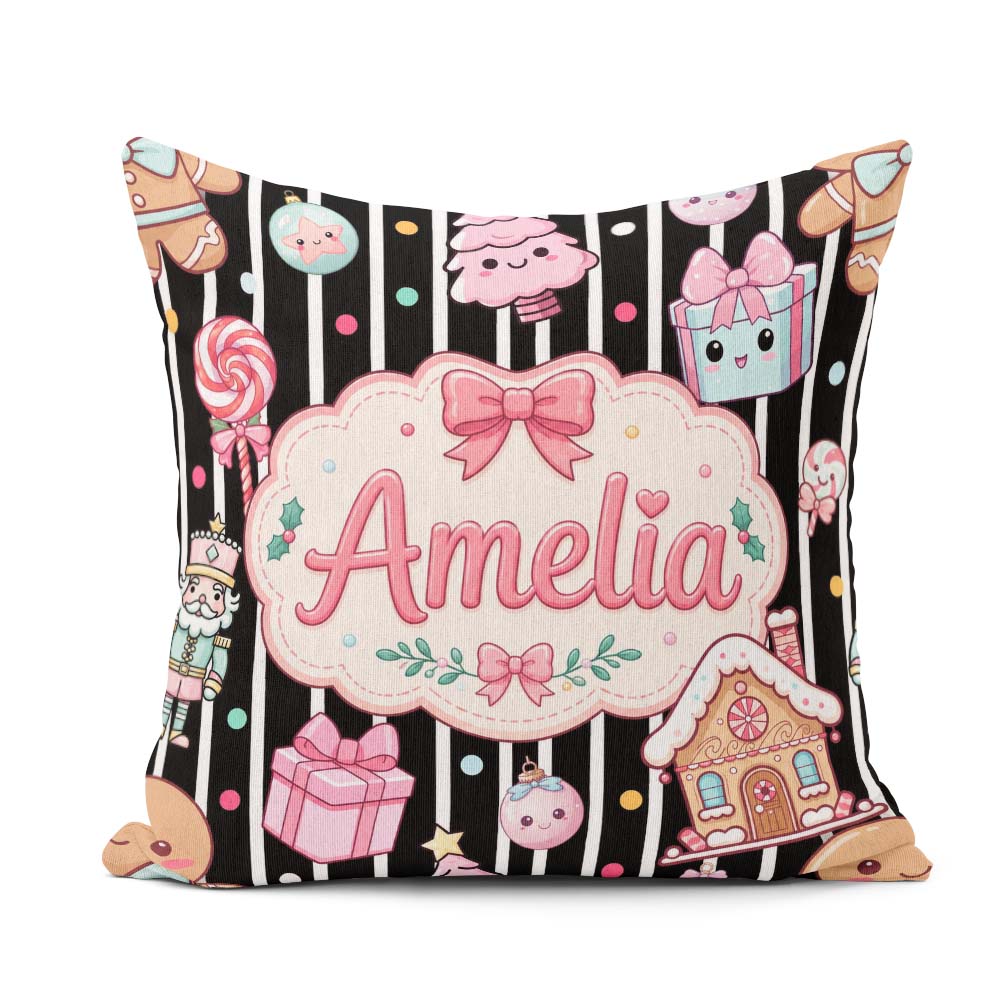 Custom Name Cute Girl Candy House Soft Pastel Seamless Pattern Square Filled Cushion Throw Pillow Sofa Bed Home Decor Zip Washable UK Made