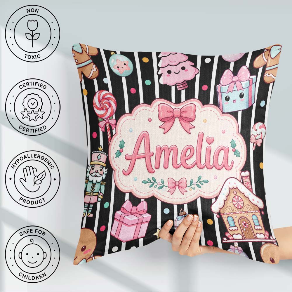 Custom Name Cute Girl Candy House Soft Pastel Seamless Pattern Square Filled Cushion Throw Pillow Sofa Bed Home Decor Zip Washable UK Made