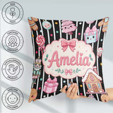 Custom Name Cute Girl Candy House Soft Pastel Seamless Pattern Square Filled Cushion Throw Pillow Sofa Bed Home Decor Zip Washable UK Made