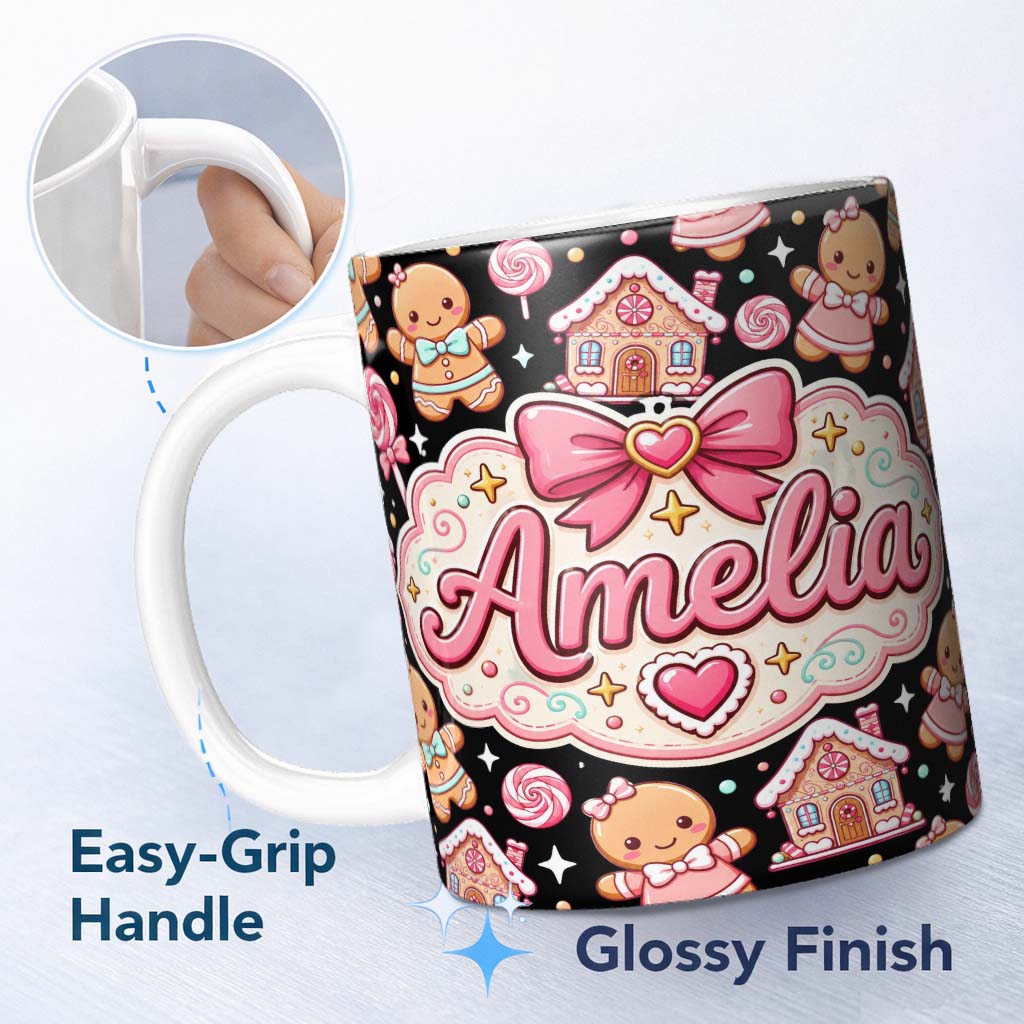 Personalized Custom Name Cute Gingerbread Couple Candy Swirl Sweets Christmas Seamless 11oz Ceramic Coffee Tea Mug White Large Handle