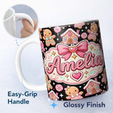 Personalized Custom Name Cute Gingerbread Couple Candy Swirl Sweets Christmas Seamless 11oz Ceramic Coffee Tea Mug White Large Handle