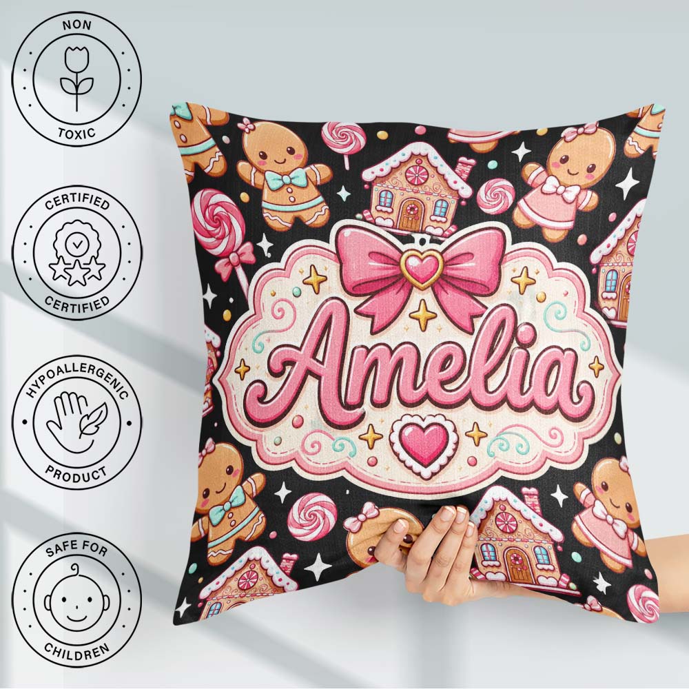 Custom Name Cute Gingerbread Couple Candy Swirl Sweets Christmas Square Filled Cushion Throw Pillow Sofa Bed Home Decor Zip Washable UK Made