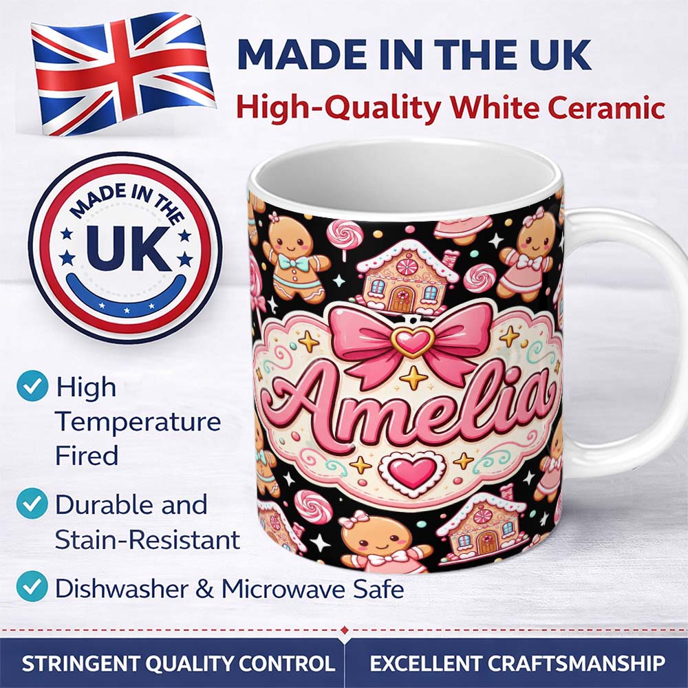 Personalized Custom Name Cute Gingerbread Couple Candy Swirl Sweets Christmas Seamless 11oz Ceramic Coffee Tea Mug White Large Handle