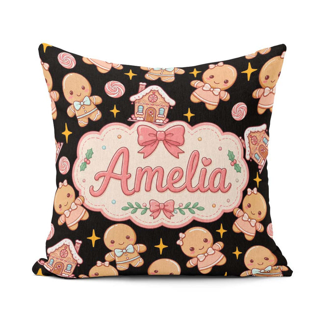 Custom Name Cute Gingerbread Couple Candy Star Sparkle Christmas Square Filled Cushion Throw Pillow Sofa Bed Home Decor Zip Washable UK Made