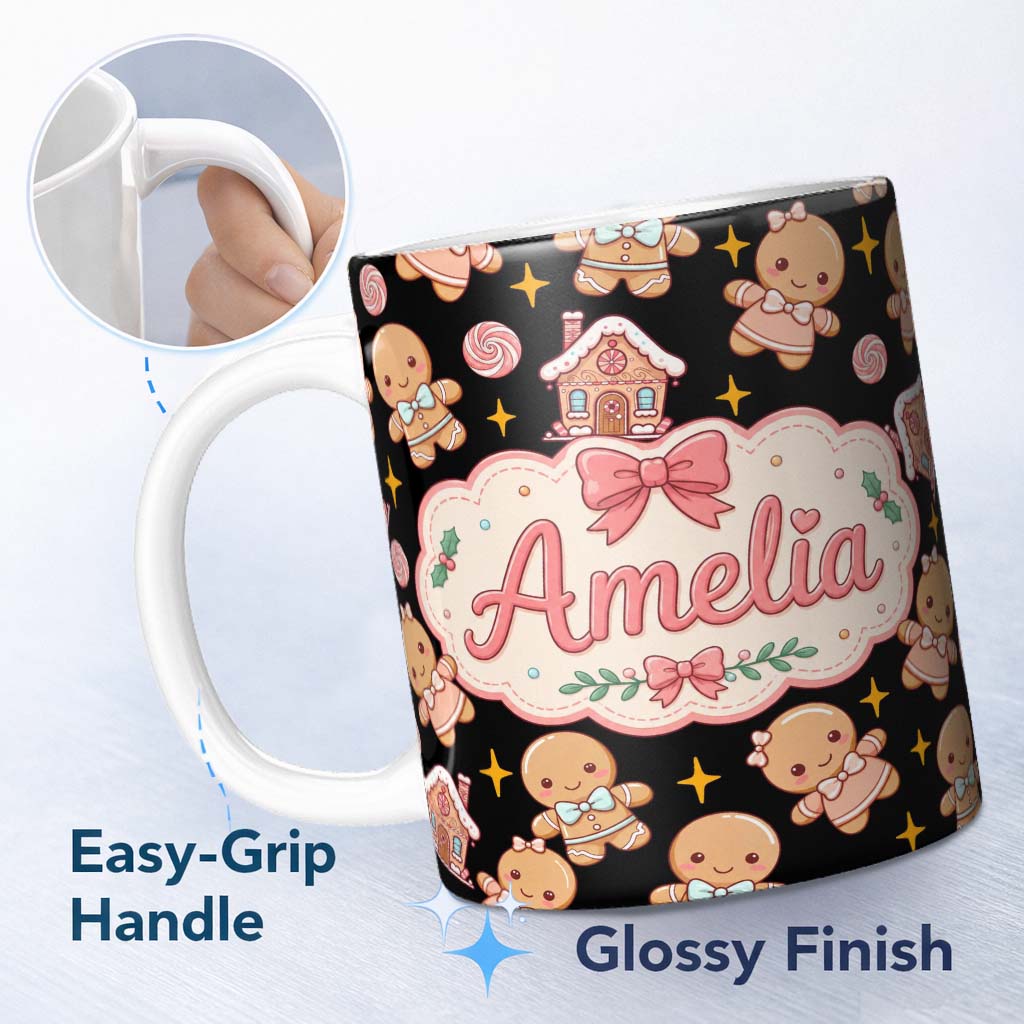 Personalized Custom Name Cute Gingerbread Couple Candy Star Sparkle Christmas Seamless 11oz Ceramic Coffee Tea Mug White Large Handle