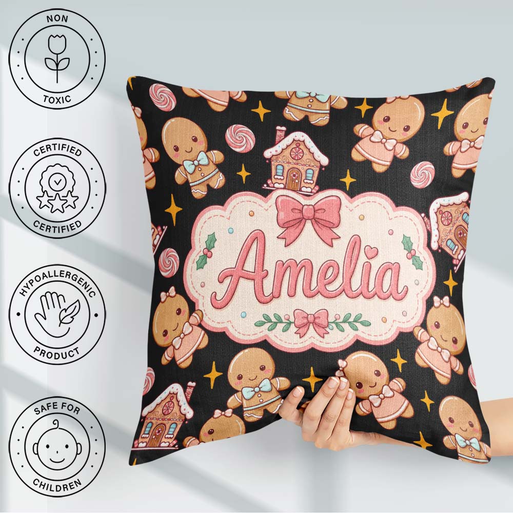 Custom Name Cute Gingerbread Couple Candy Star Sparkle Christmas Square Filled Cushion Throw Pillow Sofa Bed Home Decor Zip Washable UK Made