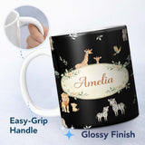 Personalized Custom Name Cute Safari Animals Lion Giraffe Zebra Elephant Pattern Brown Lovely 11oz Ceramic Coffee Tea Mug White Large Handle