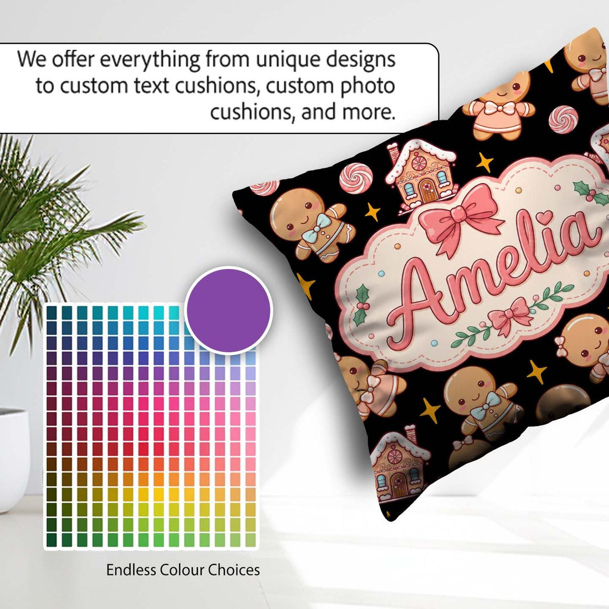 Custom Name Cute Gingerbread Couple Candy Star Sparkle Christmas Square Filled Cushion Throw Pillow Sofa Bed Home Decor Zip Washable UK Made