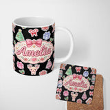 Personalized Custom Name Cute Christmas Snowman Tree Gift Gingerbread House Seamless Pattern 11oz Ceramic Coffee Tea Mug White Large Handle