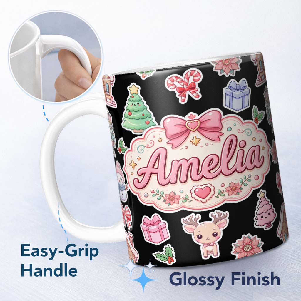 Personalized Custom Name Cute Christmas Snowman Tree Gift Gingerbread House Seamless Pattern 11oz Ceramic Coffee Tea Mug White Large Handle