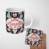Personalized Custom Name Cute Christmas Gingerbread House Snowman Tree Gift Blue Stripe 11oz Ceramic Coffee Tea Mug White Large Handle