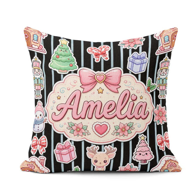 Custom Name Christmas Gingerbread House Snowman Tree Blue Stripe Square Filled Cushion Throw Pillow Sofa Bed Home Decor Zip Washable UK Made