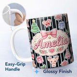 Personalized Custom Name Cute Christmas Gingerbread House Snowman Tree Gift Blue Stripe 11oz Ceramic Coffee Tea Mug White Large Handle