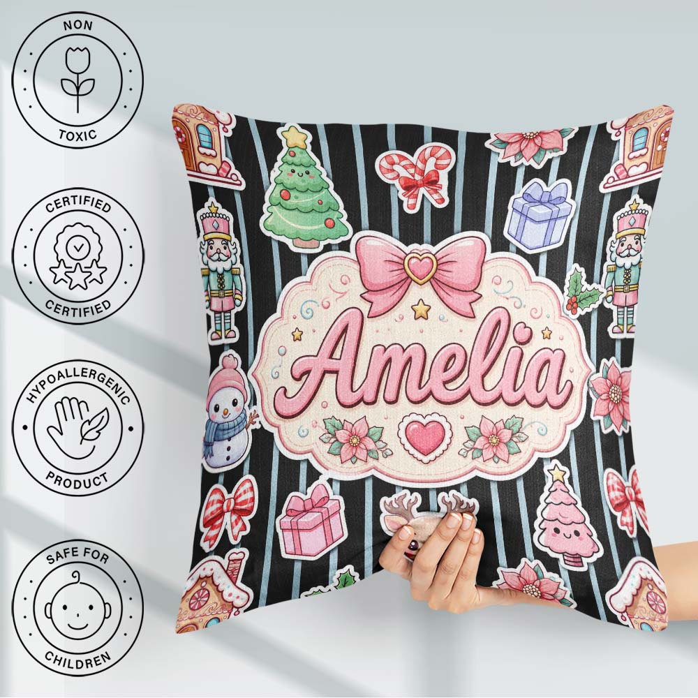 Custom Name Christmas Gingerbread House Snowman Tree Blue Stripe Square Filled Cushion Throw Pillow Sofa Bed Home Decor Zip Washable UK Made