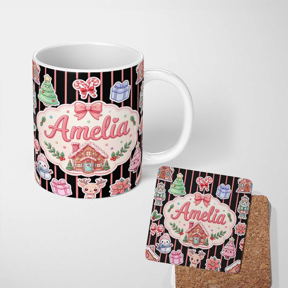 Personalized Custom Name Cute Christmas Gingerbread House Snowman Tree Gift Red Stripe 11oz Ceramic Coffee Tea Mug White Large Handle